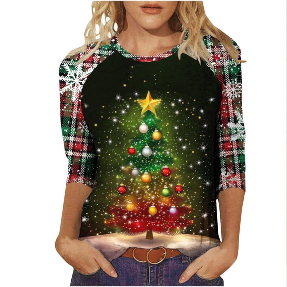 successthop Christmas Blouse for Women Light Tree 3/4 Sleeve Shirt Lightweight Oversized Crewneck Print Trendy Clothes