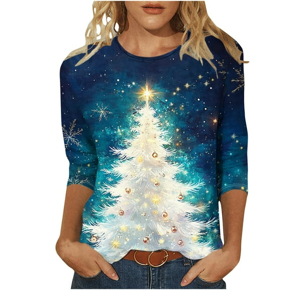 successthop Christmas Blouse for Women Light Tree 3/4 Sleeve Shirt Lightweight Oversized Crewneck Print Trendy Clothes