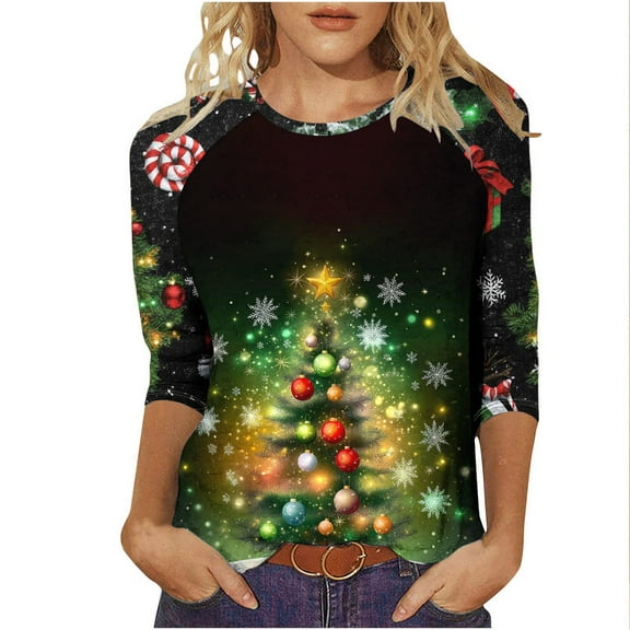 successthop Christmas Blouse for Women Snow Tree Plus Size 3/4 Sleeve T Shirt Loose Crewneck Trendy Print Pullover Top