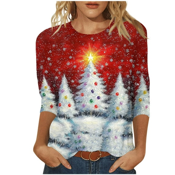 successthop Christmas Funny Shirts for Women Light Tree Plus Size 3/4 Sleeve Top Crewneck Pullover T Shirt Print Clothes