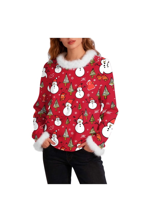Christmas Long Sleeve Shirts Women Snowman Fuzzy Neck Holiday Heavyweight Knit Blouse Plus Size Cozy Tops M