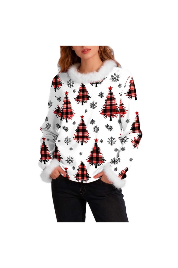 Christmas Long Sleeve Shirts Women Tree Fuzzy Neck Holiday Heavyweight Knit Blouse Plus Size Cozy Tops White