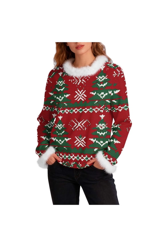 Christmas Long Sleeve Shirts Women Tree Fuzzy Neck Holiday Heavyweight Knit Tops Plus Size Vintage Blouse M