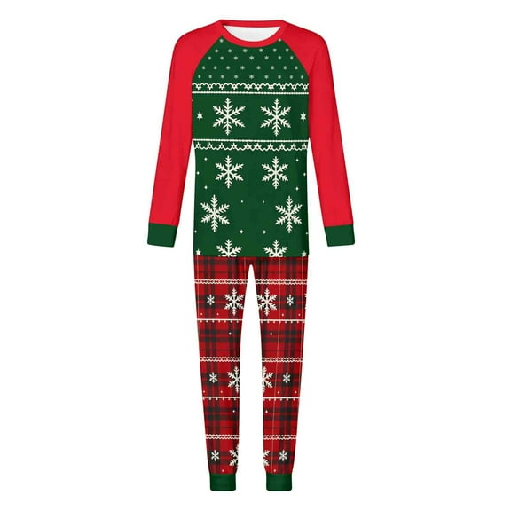 successthop Christmas Pajamas Couples 2 People Snowflake Long Sleeve Crewneck Tops and Trousers Sets with Pockets Green