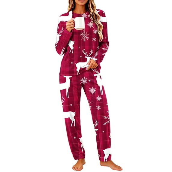 successthop Christmas Pajamas for Women 2 Piece Reindeer Long Sleeve Snowflake Tops Holiday Pants Merry Loungewear