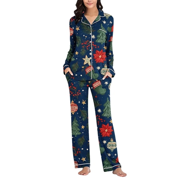 successthop Christmas Pajamas for Women 2 Piece Tree Long Sleeve Star Shirts Festival Pants Xmas Loungewear with Pockets