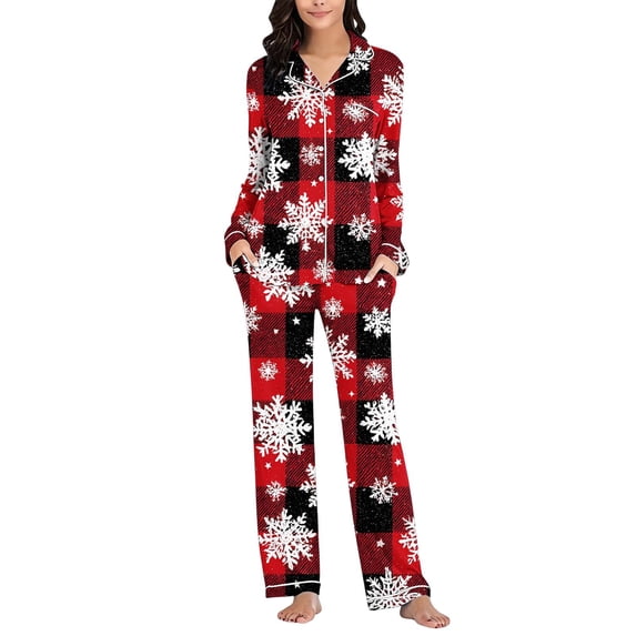 successthop Christmas Pjs Women 2 Piece Plaid Long Sleeve Snowflake Shirts Vacation Pants Holiday Sleepwear with Pockets