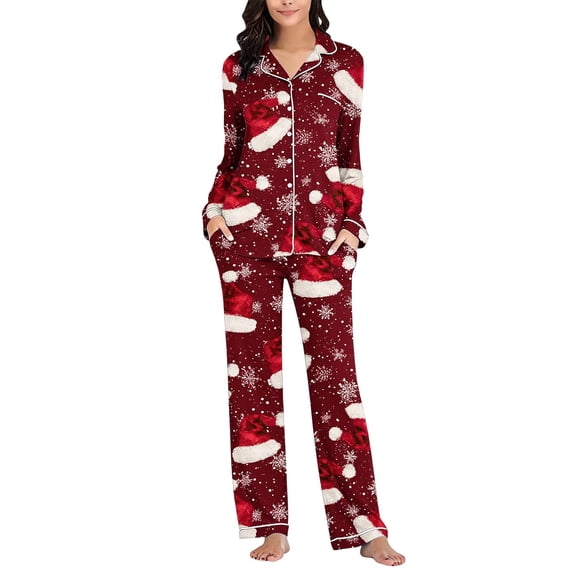 successthop Christmas Pjs Women 2 Piece Santa Hat Long Sleeve Snowflake Shirts Holiday Merry Sleepwear with Pockets