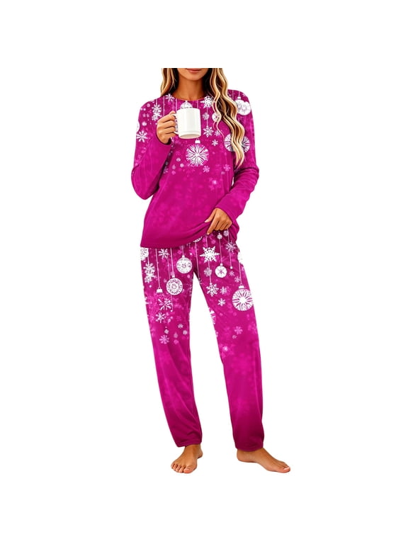 Christmas Pjs Women Merry 2 Piece Snowflake Long Sleeve Party Tops Vacation Sleepwear Holiday Loungewear