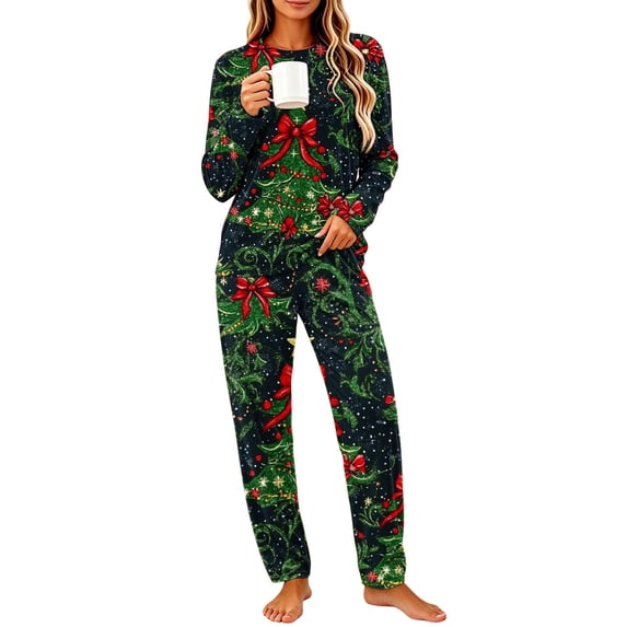 successthop Christmas Pjs Women Vacation 2 Piece Tree Long Sleeve Holiday Bow Tops Festival and Pants Xmas Loungewear