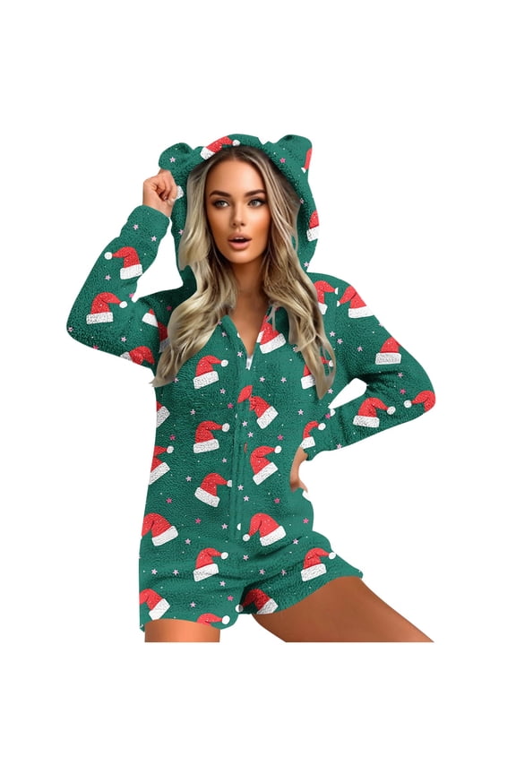 Christmas Romper Adult Women Hat Hooded with Cute Ear Fleece Sleepwear Fuzzy Loungewear Shorts Warm Playsuit