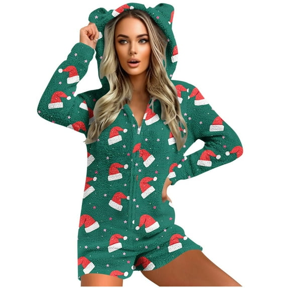 successthop Christmas Romper Adult Women Hat Hooded with Cute Ear Fleece Sleepwear Fuzzy Loungewear Shorts Warm Playsuit