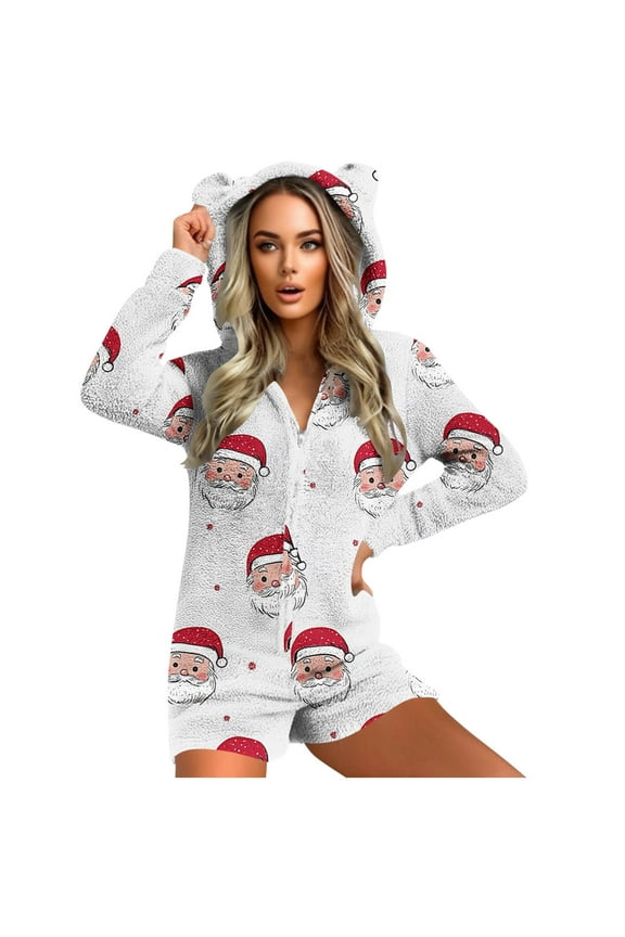 Christmas Romper Adult Women Santa Hooded with Cute Ear Fleece Sleepwear Fuzzy Shorts Warm Playsuit