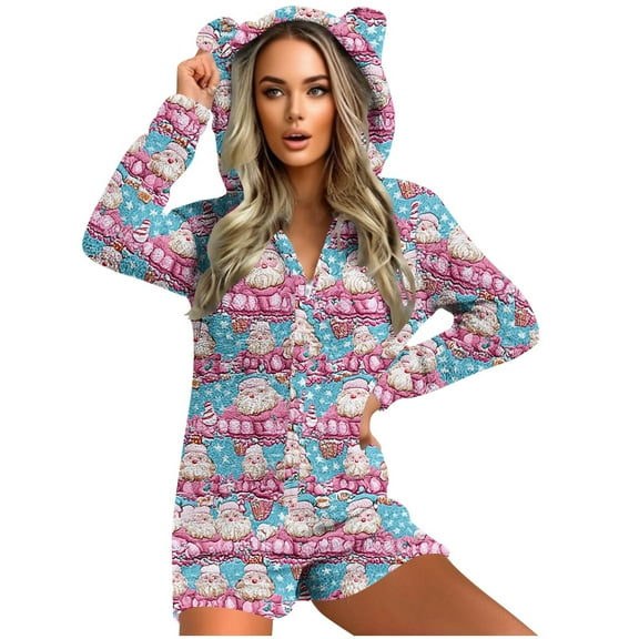 successthop Christmas Romper Women Santa Hooded with Cute Ear Fleece Playsuit Warm Sleepwear Shorts Fuzzy Loungewear