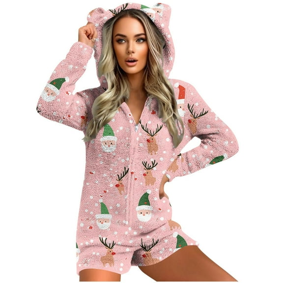 successthop Christmas Rompers for Women Santa Deer Hooded with Cute Ear Fleece Loungewear Cozzy Shorts Warm Sleepwear