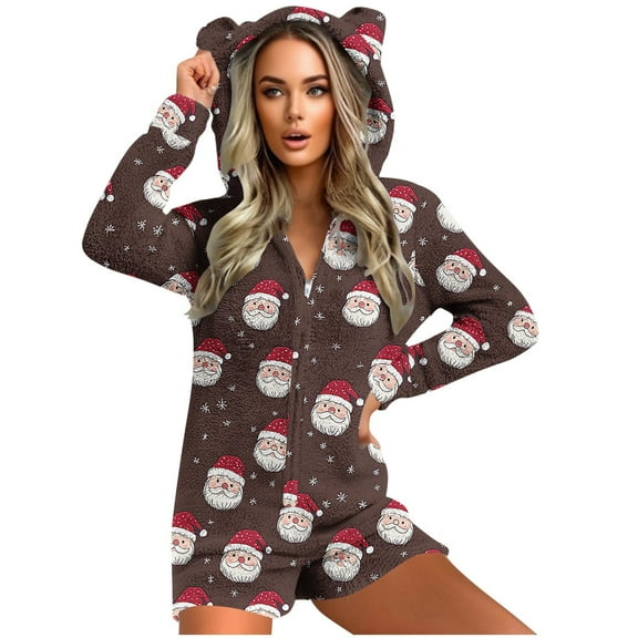 successthop Christmas Rompers for Women Santa Hooded with Cute Ear Fleece Loungewear Cozzy Shorts Warm Sleepwear