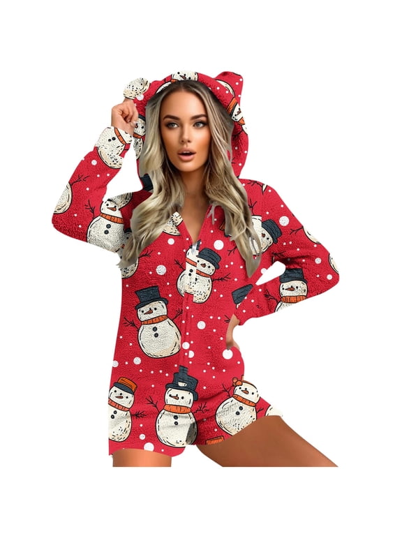 Christmas Rompers for Women Snowman Hooded with Cute Ear Fleece Playsuit Fuzzy Shorts Warm Sleepwear