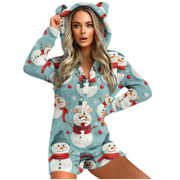 successthop Christmas Rompers for Women Snowman Hooded with Cute Ear Fleece Sleepwear Fuzzy Shorts Warm Playsuit
