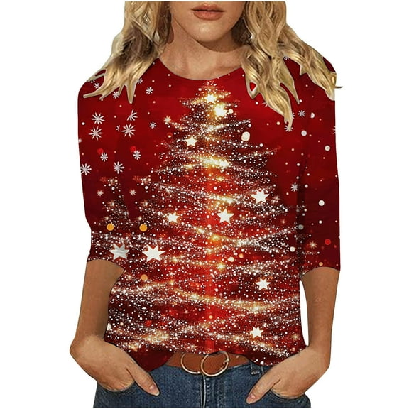successthop Christmas Shirts Women Funny Graphic Light Tree 3/4 Sleeve Tops Oversized Crewneck Festival Clothes