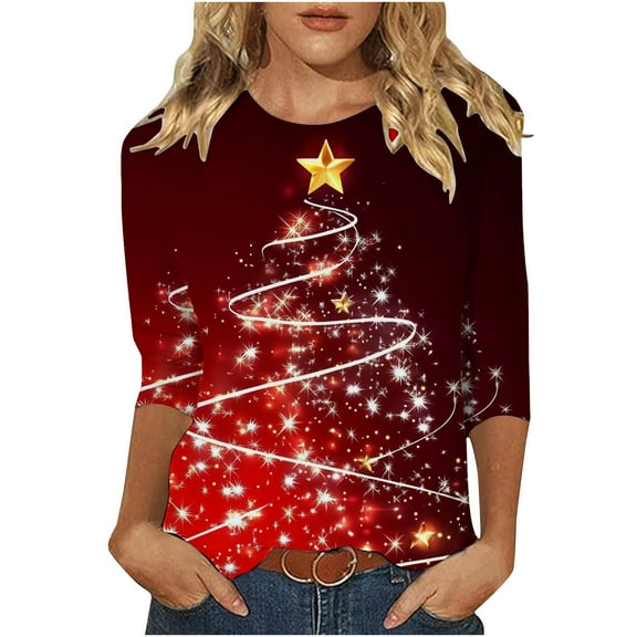 successthop Christmas Shirts Women Funny Graphic Light Tree 3/4 Sleeve Tops Oversized Crewneck Festival Clothes