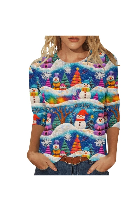 Christmas Shirts Women Funny Graphic Plus Size 3/4 Sleeve Tops Oversized Crewneck Vacation Clothes