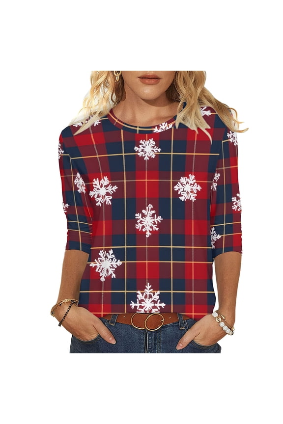 Christmas Shirts Women Funny Graphic Snow Plus Size 3/4 Sleeve Tops Crewneck Clothes Stylish Clothes