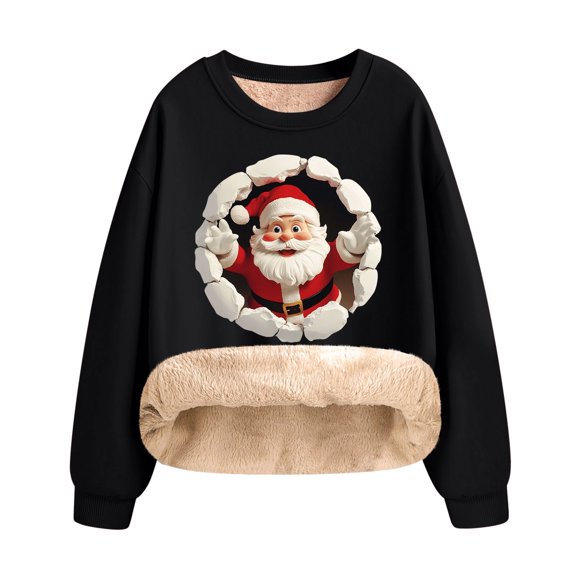 successthop Christmas Sweatshirts Women Cute Santa Fleece Plus Size Crewneck Long Sleeve Sweaters Pullover Tops Black XL