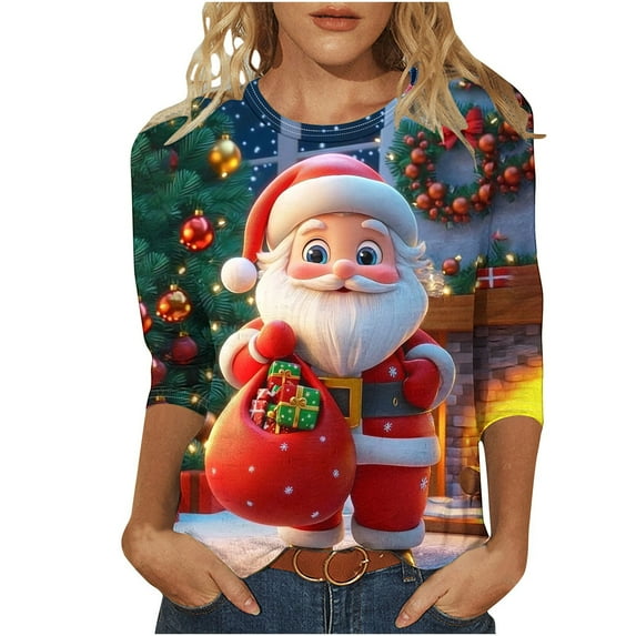 successthop Christmas Top Women Ugly Graphic Santa Plus Size 3/4 Sleeve Clothe Oversized Crewneck Trendy Shirts