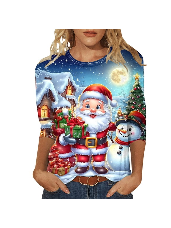 Christmas Top Women Ugly Graphic Santa Plus Size 3/4 Sleeve Clothe Oversized Crewneck Trendy Shirts