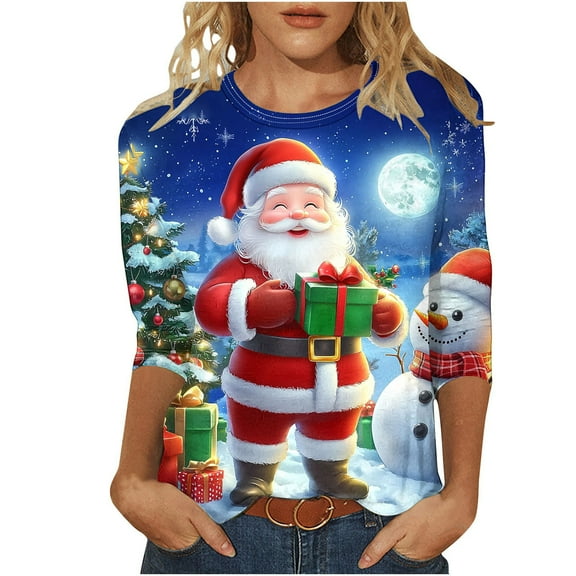 successthop Christmas Top Women Ugly Graphic Santa Plus Size 3/4 Sleeve Clothe Oversized Crewneck Trendy Shirts