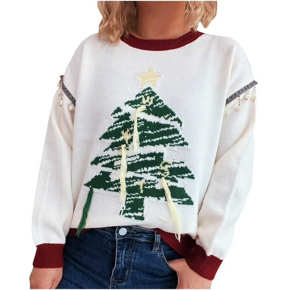 successthop Christmas Ugly Sweater Women Knit Long Sleeve Tops Crewneck Pullover Knitwear Ribbed Cuff Print Clothes M