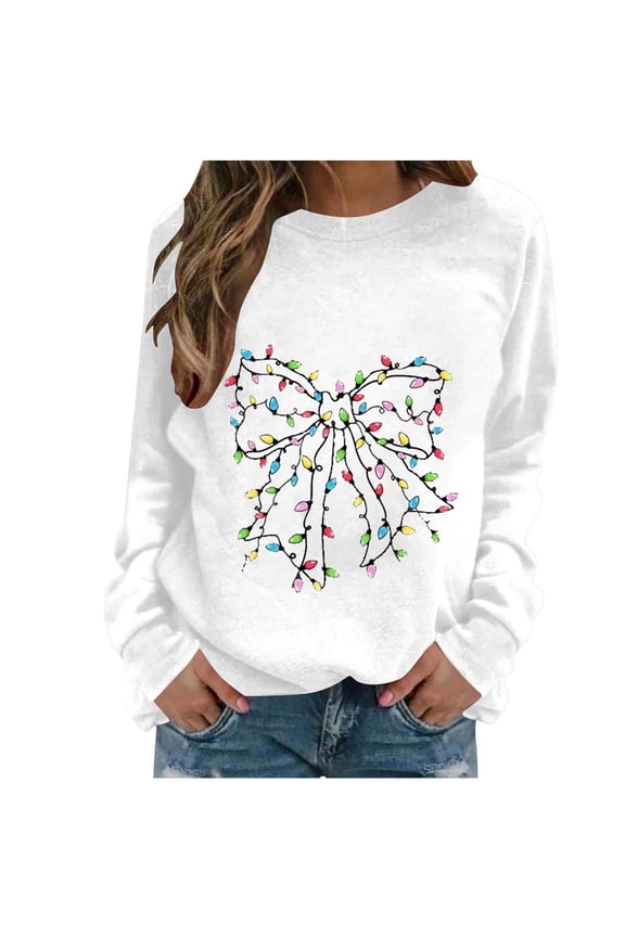 Christmas Womens Sweatshirt Bow FLeece Oversized Crewneck Long Sleeve Sweater Casual Clothes Print Tops M