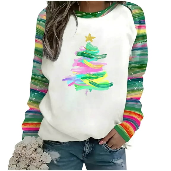 successthop Christmas Womens Sweatshirt Tree Stripe Oversized Crewneck Long Sleeve Sweaters Casual Clothes Print Clothes
