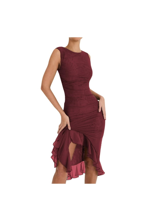 Cocktail Dress for Women Formal Ruched Sleeveless Backless Knee Length Dresses Ladies Split Crewneck Clothes