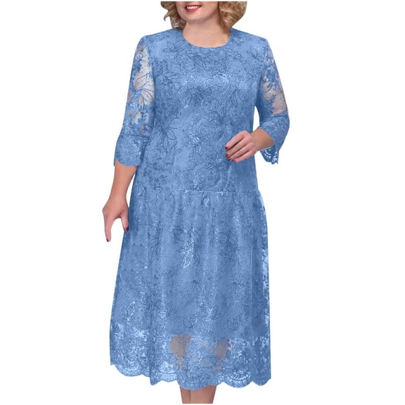 successthop Cocktail Dresses for Women Plus Size Lace Sequin Modest 3/4 Sleeve Ladies Crewneck Evening Party Dress Blue
