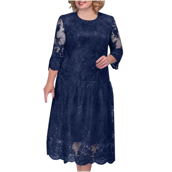 successthop Cocktail Dresses for Women Plus Size Lace Sequin Modest 3/4 Sleeve Ladies Crewneck Evening Party Dress Blue