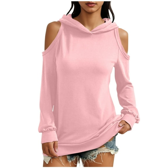 successthop Cold Shoulder Hoodie Women Off Shoulder Long Sleeve Streetwear Trendy Top Solid Casual Sweaters Pink XL