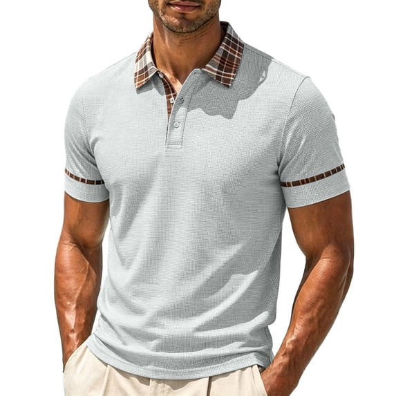 successthop Collar Shirts for Men Big and Tall Short Sleeve TShirt Pullover Tops with Button Summer Plaid Clothes Gray M