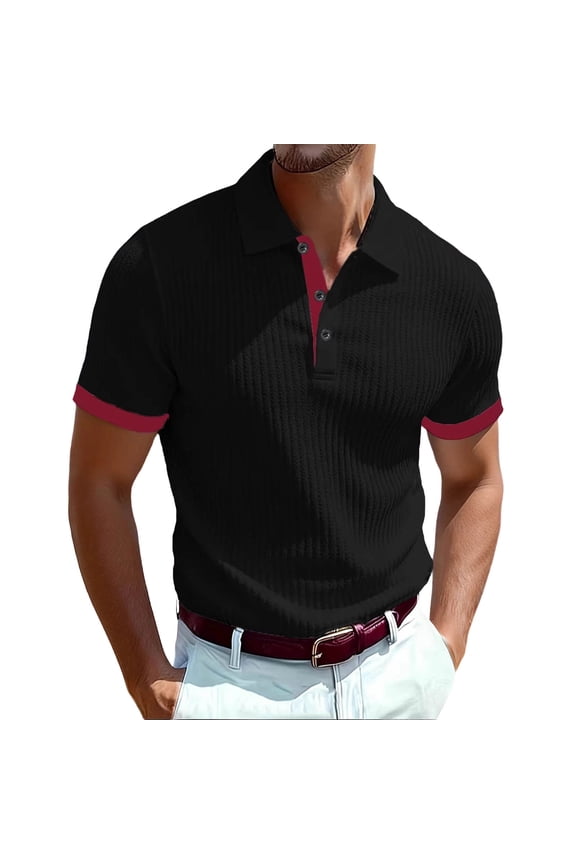 Collar Shirts for Men Work Crewneck Short Sleeve TShirt with Button Big and Tall Tops Ribbed Clothes Black