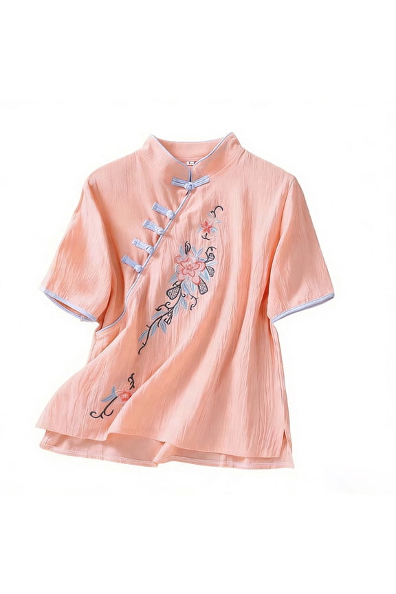 Collared Shirts for Women Plus Size Chinese Ethnic T Shirt Frog Button Short Sleeve Top Solid Clothes Pink