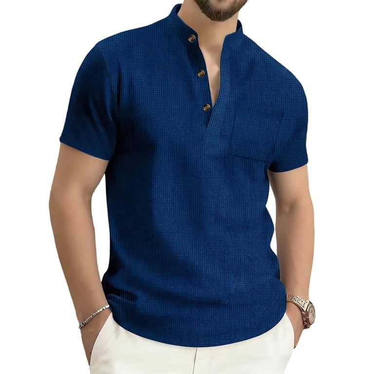 collarless dress shirt big and tall Successthop Collarless Shirts for Men Short Sleeve T Shirt with Button Mock Neck Pullover Tops Big and Tall Clothes Navy, Men's, Size: XL, Blue