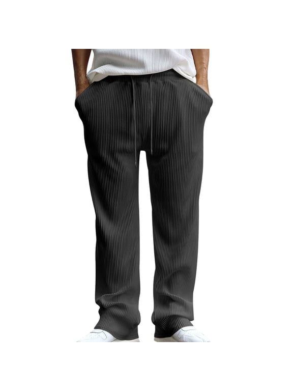 Corduroy Pants Men Drawstring Pants Elastic Waist Bottoms Big and Tall Casual Clothes with Pockets Dark Gray