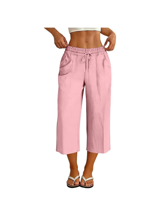 Cotton Capri Yoga Pants Womens Cropped Pants Drawstring Elastic Waist Slacks Beach Bottoms with Pockets Pink