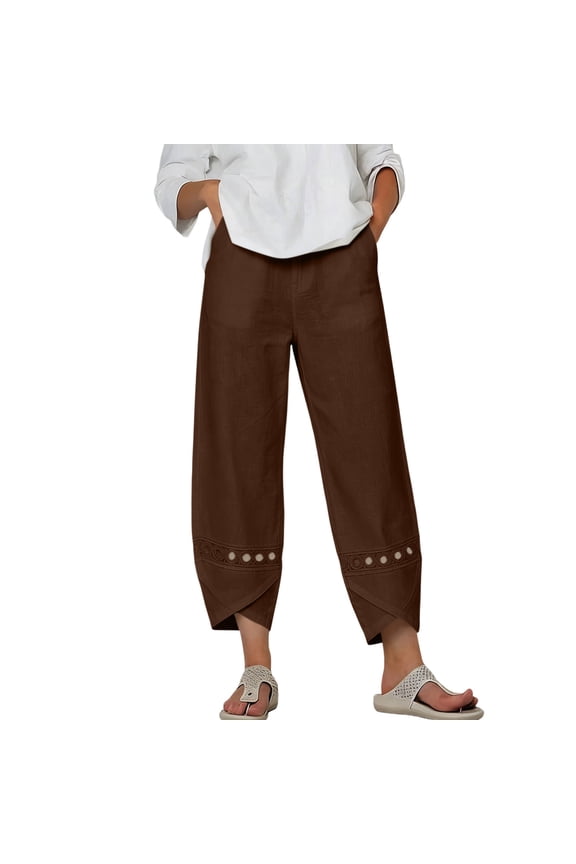Cotton Linen Pants for Women with Drawstring Cropped Pant Bottoms Lace Eyelet Slit Hem Clothes with Pockets