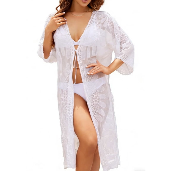 successthop Cover Ups for Women Swimwear Lace Sun Protect Open Front Cardigan Short Sleeve Vintage Floral Knitwear White