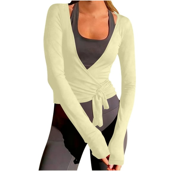 successthop Cover Ups for Women Top Active Tie Front V Neck Clothes Cropped Long Sleeve Cardigan Solid Knitwear Yellow M