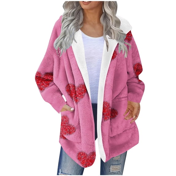 successthop Cozy Cardigans for Women Flannel Fuzzy Coat with Pockets Long Sleeve Hooded Streetwear Heart Outwear Pink L