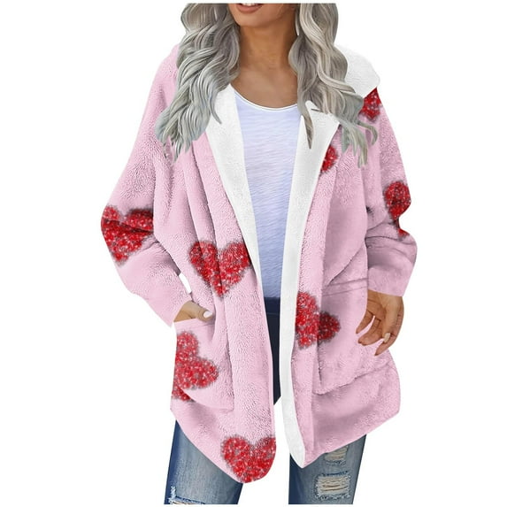 successthop Cozy Cardigans for Women Flannel Fuzzy Coat with Pockets Long Sleeve Hooded Streetwear Heart Outwear Pink L