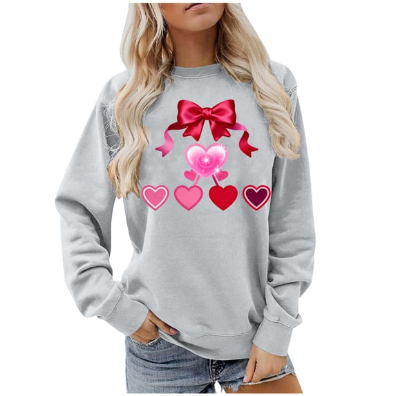 successthop Crew Neck Sweatshirts Women Valentine Day Bow Print Casual Clothes Long Sleeve Outfits Vacation Tops 2XL