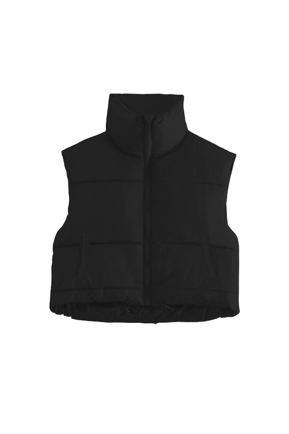 Crop Puffer Vest Women Adjustable Waist Quilted Coat Zip Up Winter Outerwear with Pockets Cozy Waistcoat